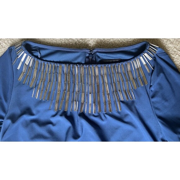 ADRIANNA PAPELL Beaded Shealth Dress Women 4 Blue Ruched 3/4 Sleeve Cocktail NEW - Picture 6 of 16